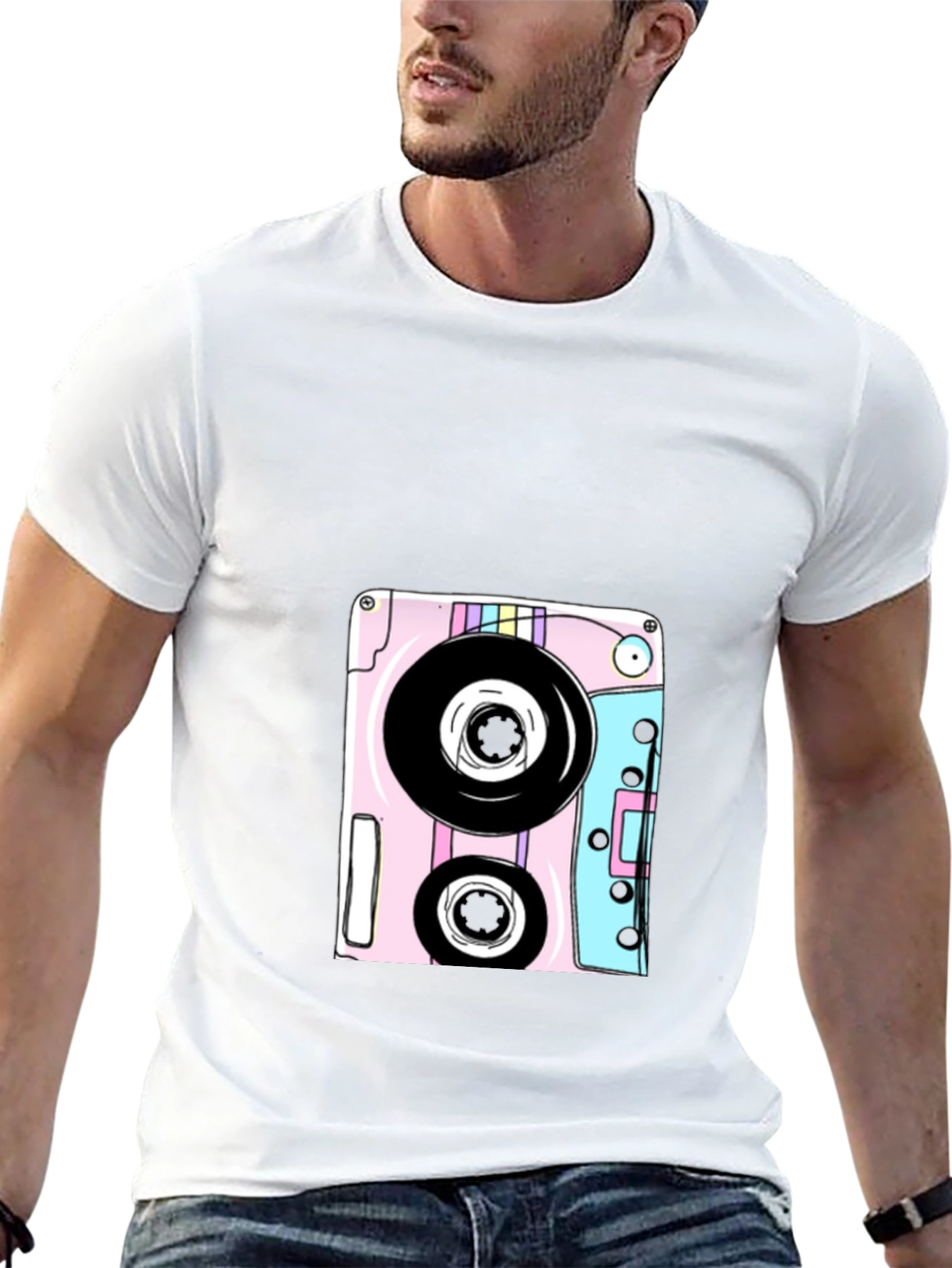 Retro Cassette Tape Graphic Tee - Black Cotton Blend