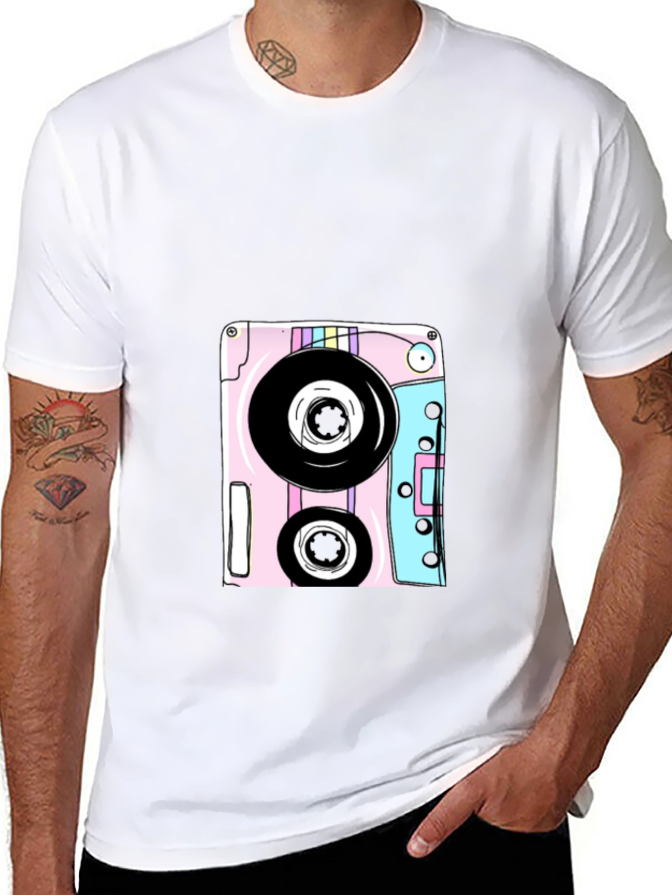 Retro Cassette Tape Graphic Tee - Black Cotton Blend