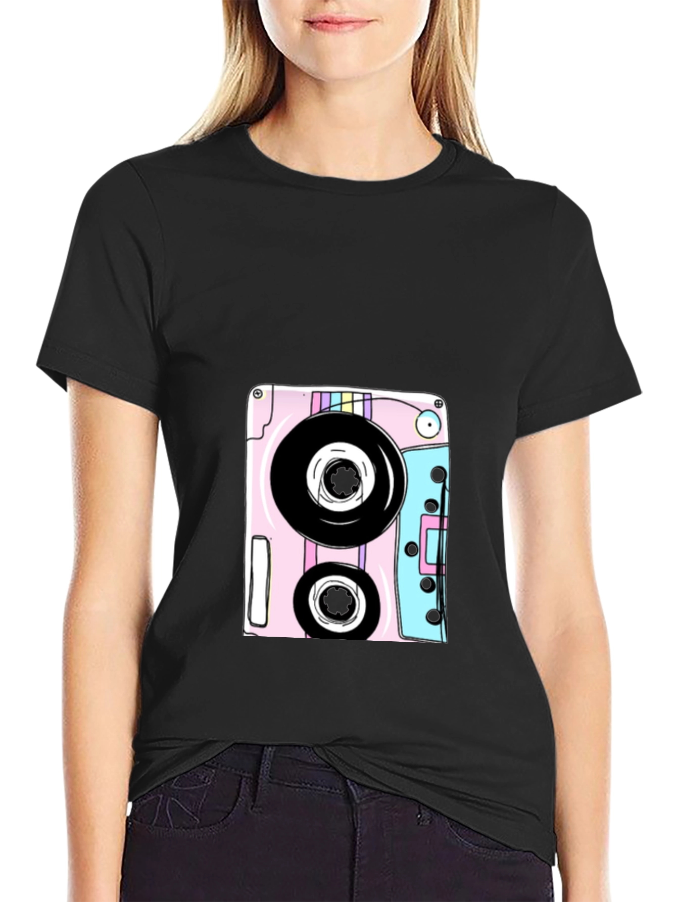 Retro Cassette Tape Graphic Tee - Black Cotton Blend