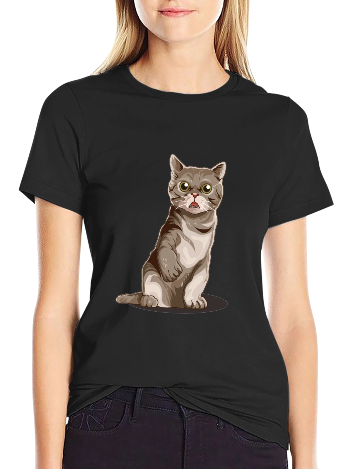 Funny Cat Graphic Tee - Black Cotton Comfort
