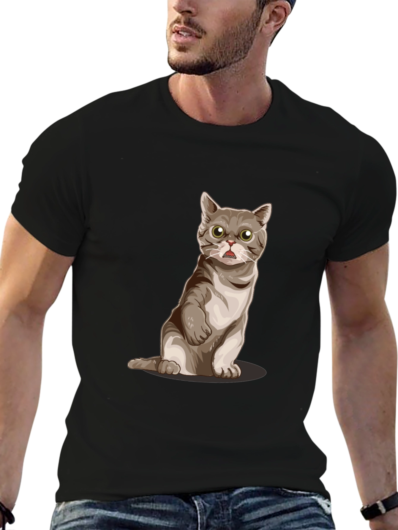 Funny Cat Graphic Tee - Black Cotton Comfort