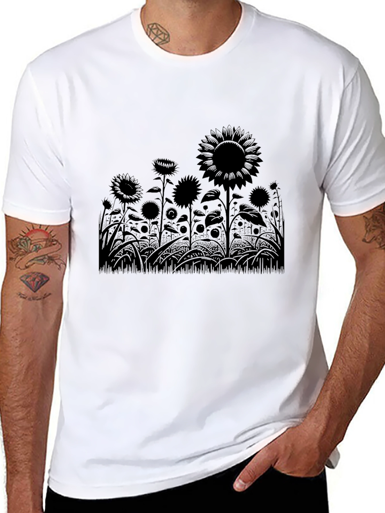 Black Sunflower Field Graphic T-Shirt