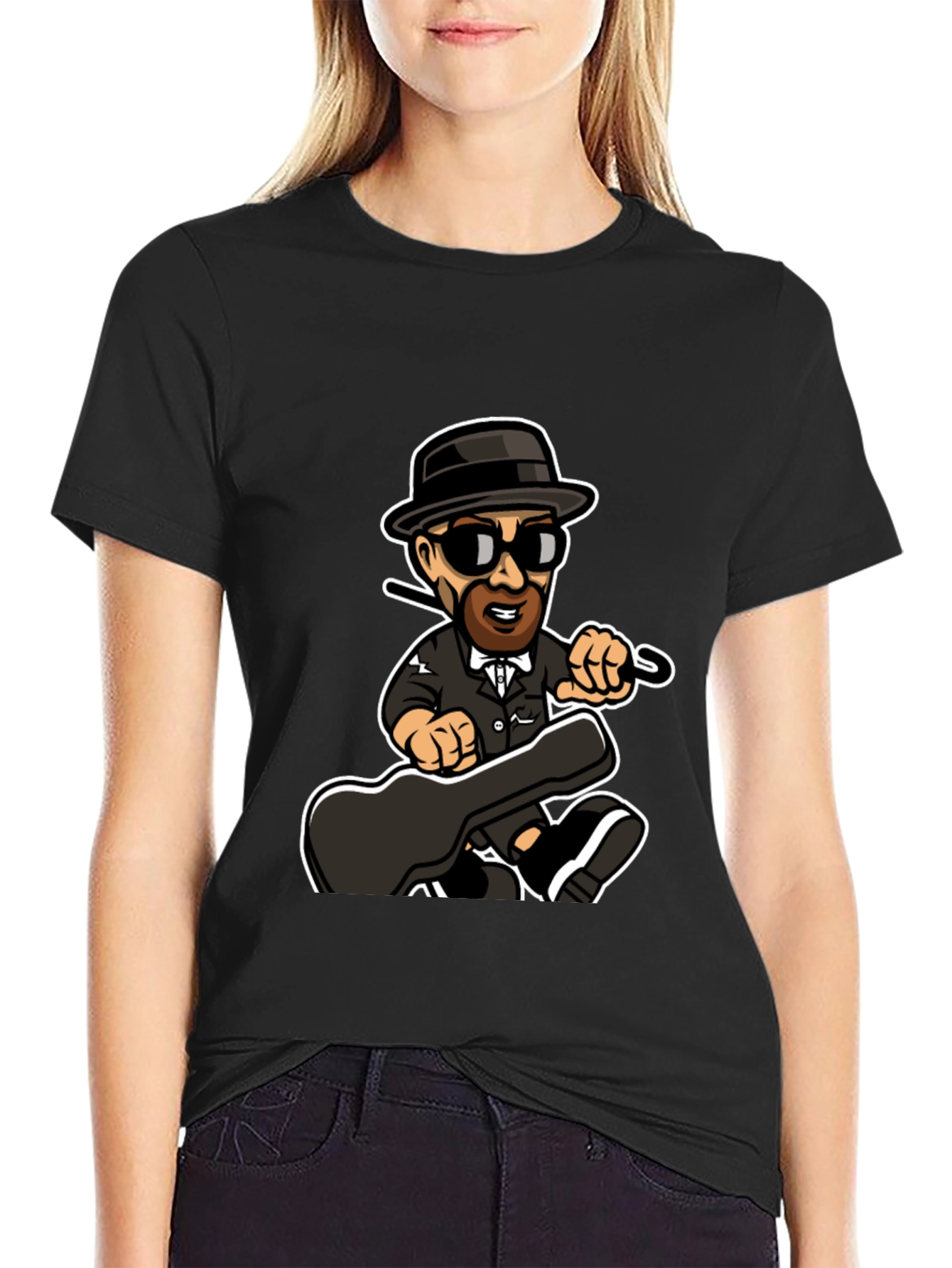 Cartoon Music Man T-Shirt Black Cotton
