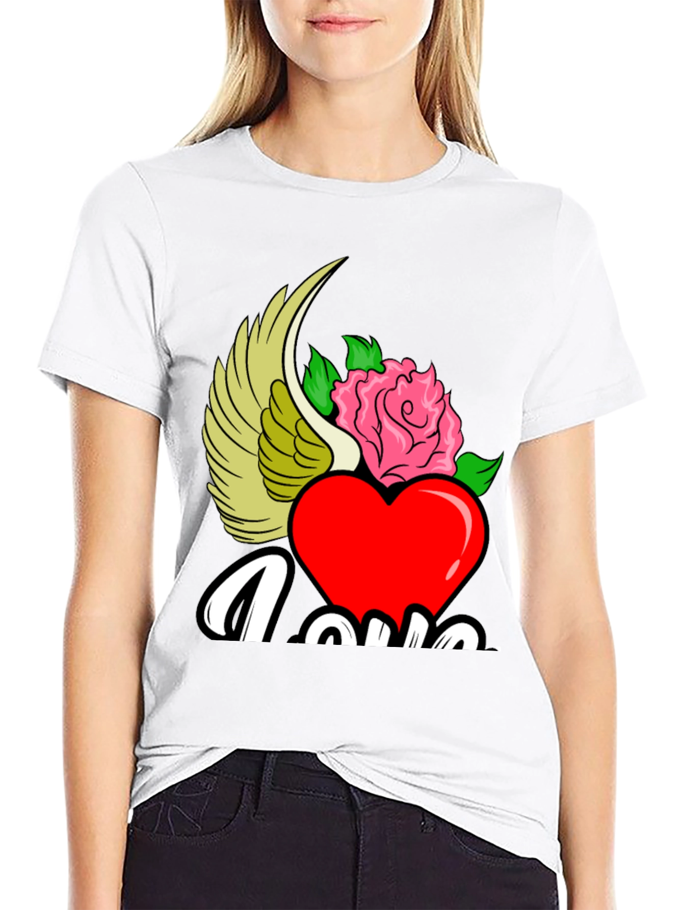 Love Heart Rose Winged Graphic T-Shirt