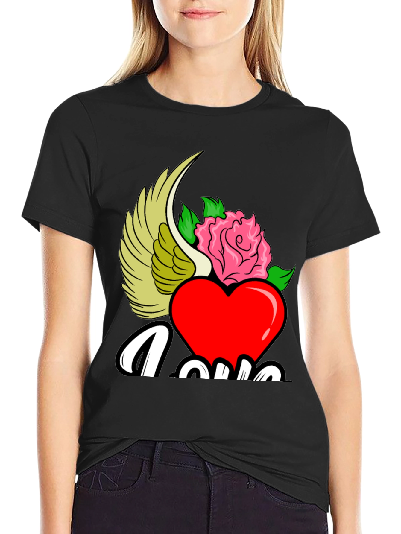 Love Heart Rose Winged Graphic T-Shirt