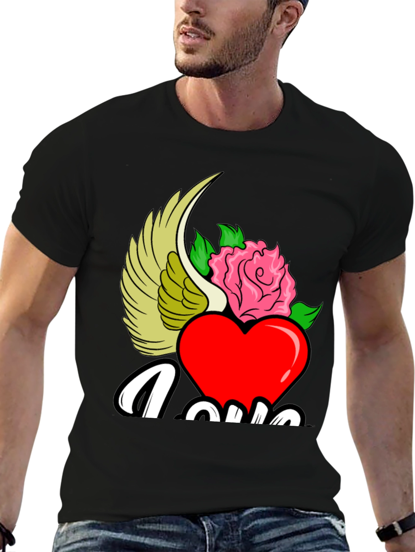 Love Heart Rose Winged Graphic T-Shirt