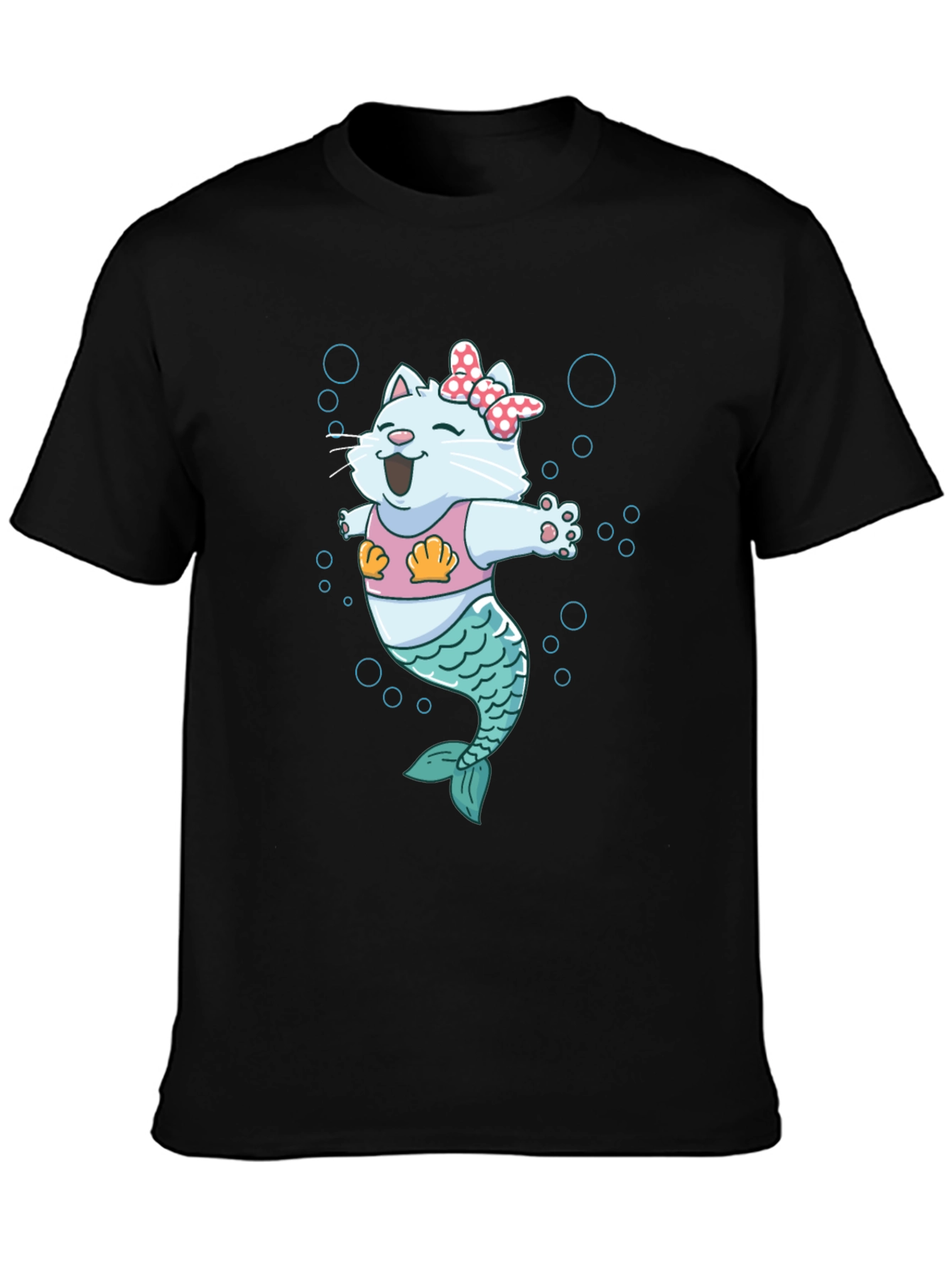 Mermaid Cat Graphic Tee - Black Cotton T-Shirt