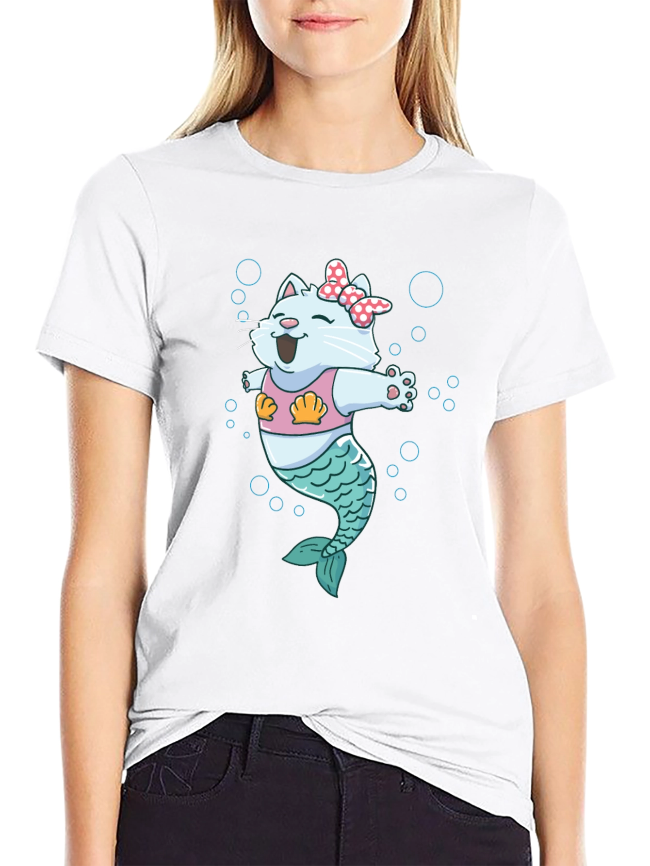 Mermaid Cat Graphic Tee - Black Cotton T-Shirt