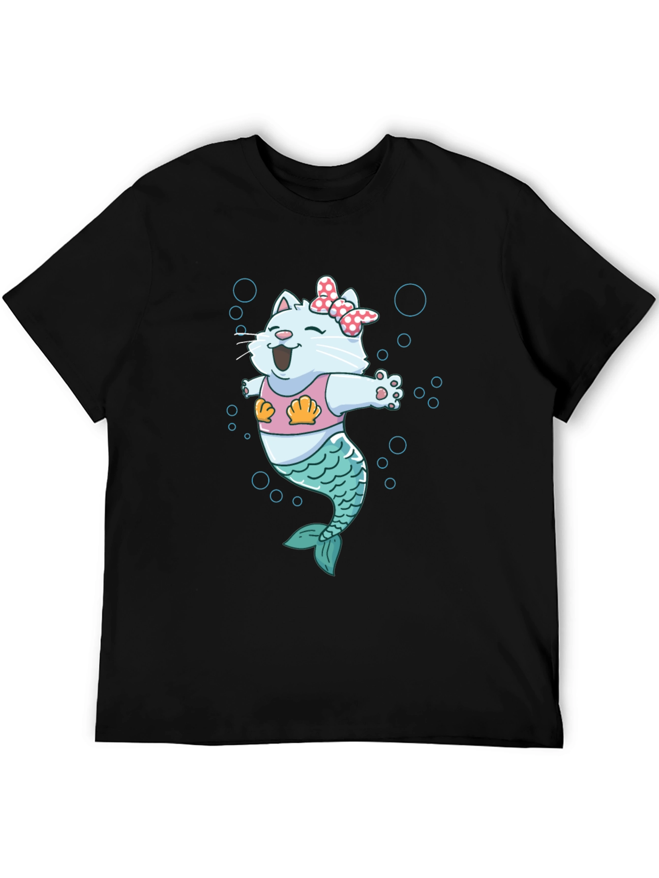 Mermaid Cat Graphic Tee - Black Cotton T-Shirt