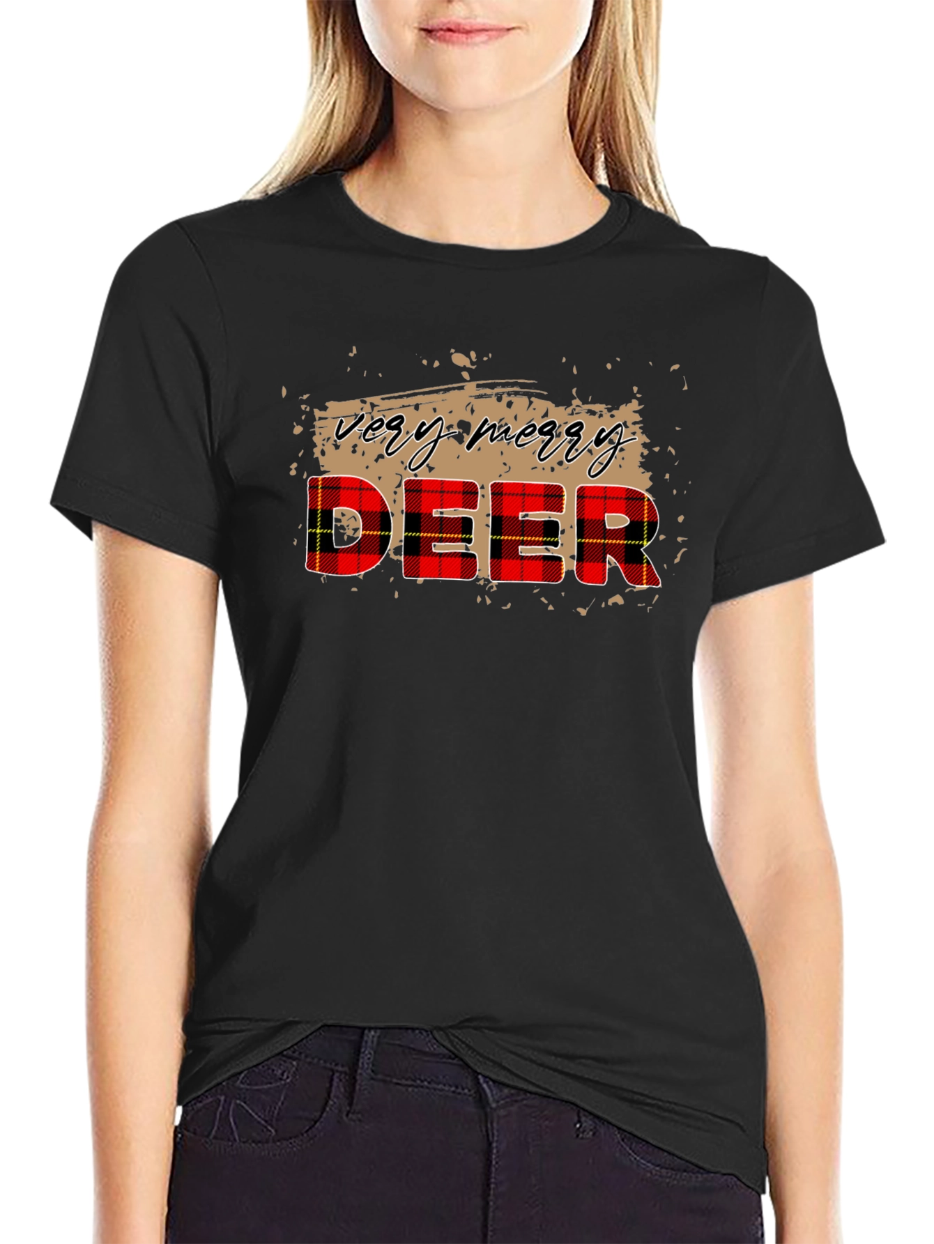 Very Merry Deer Plaid Christmas T-Shirt