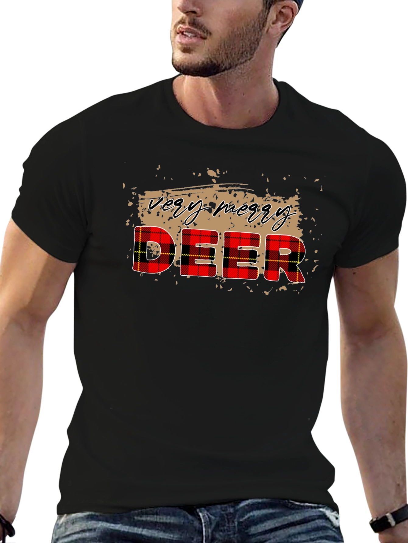 Very Merry Deer Plaid Christmas T-Shirt