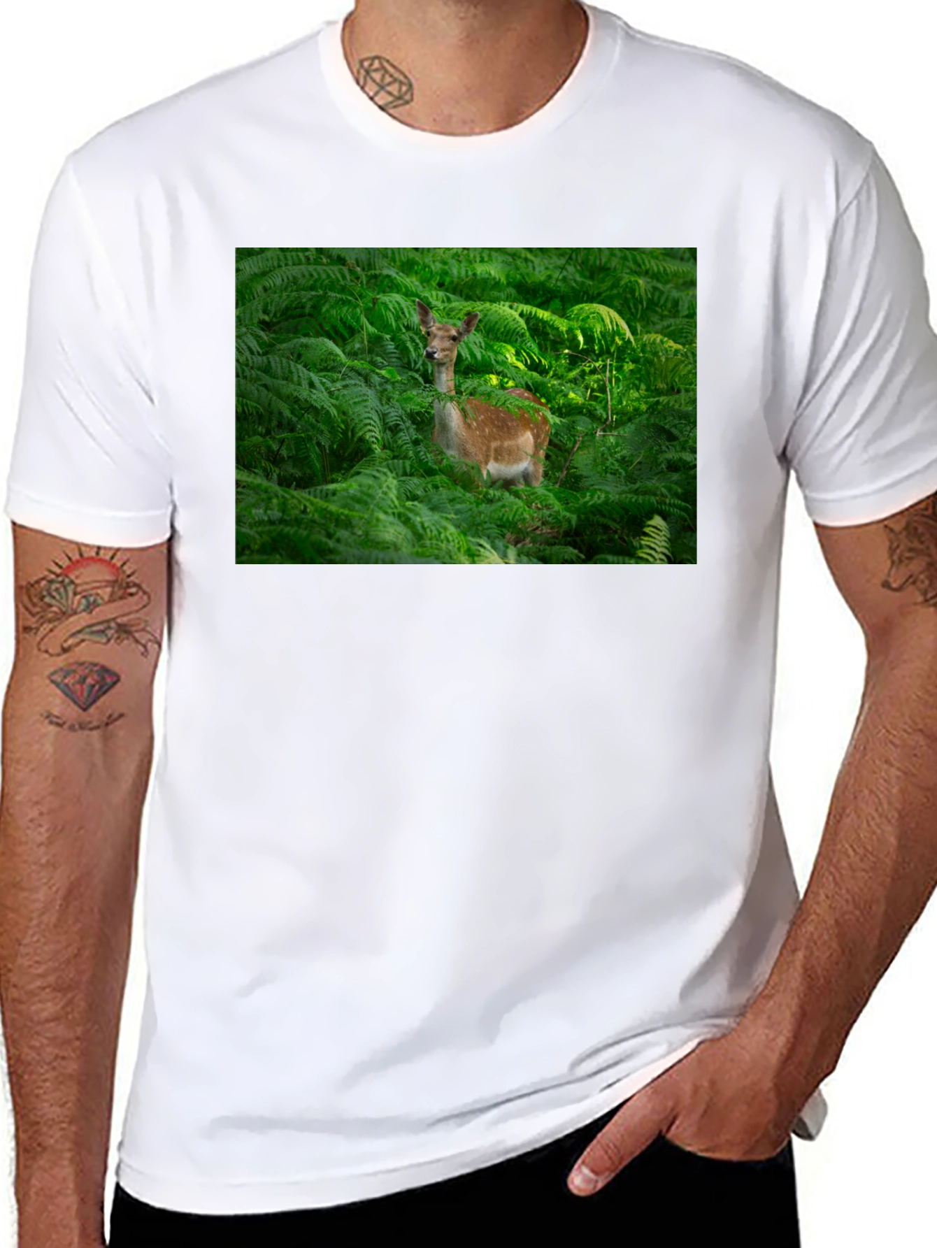 Deer in Ferns Black T-Shirt - Nature Lover Tee