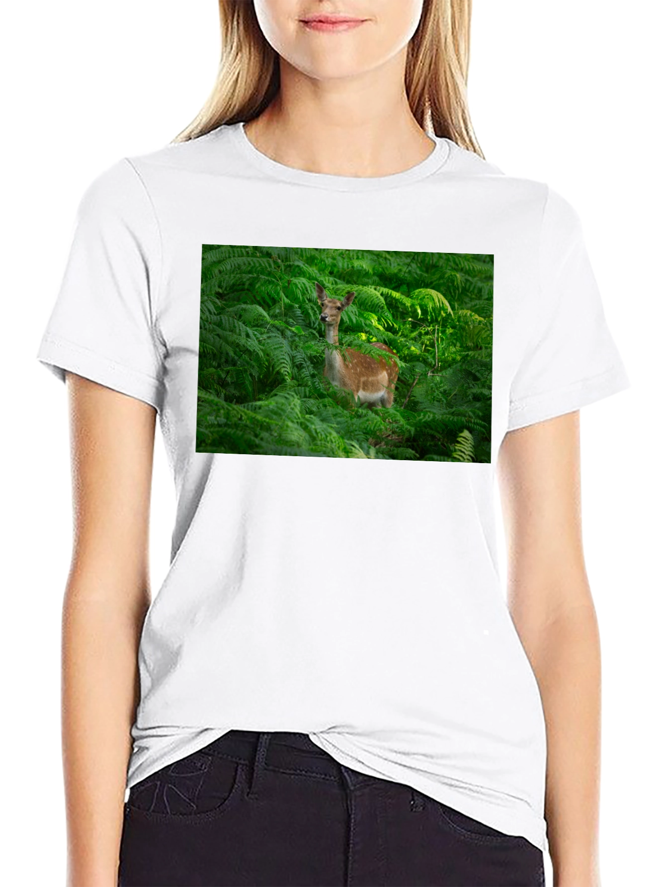 Deer in Ferns Black T-Shirt - Nature Lover Tee