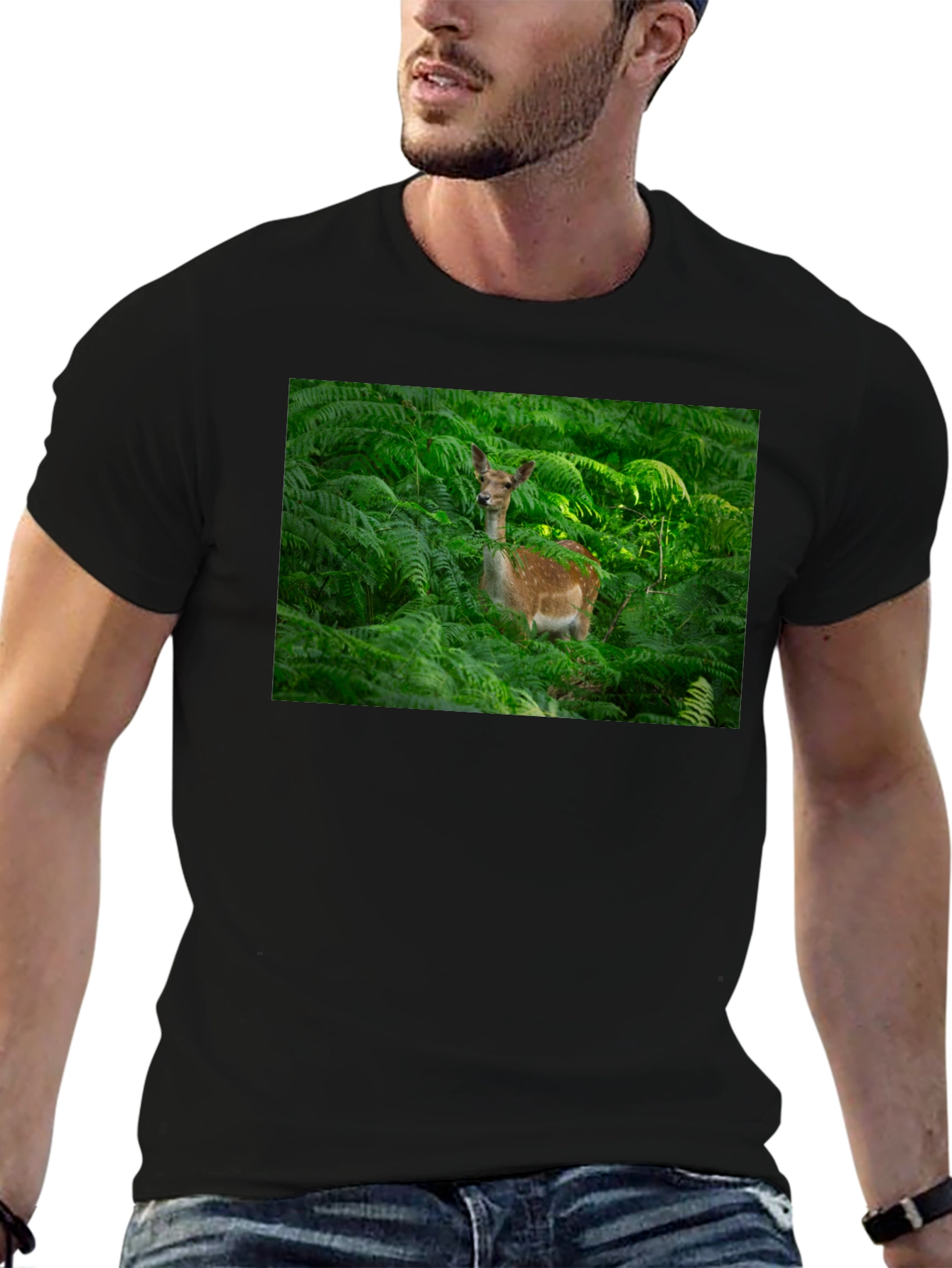 Deer in Ferns Black T-Shirt - Nature Lover Tee