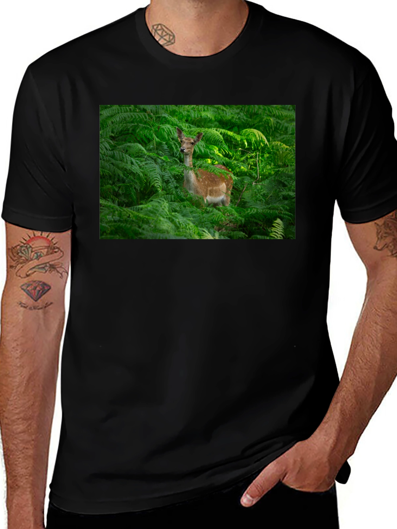 Deer in Ferns Black T-Shirt - Nature Lover Tee