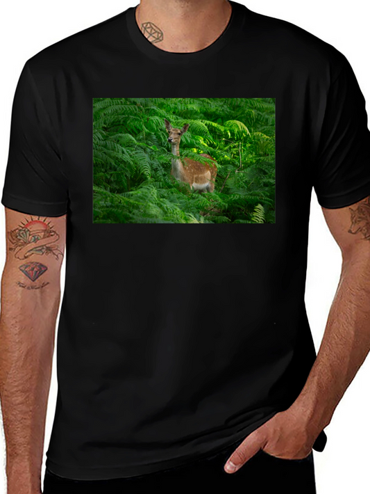 Deer in Ferns Black T-Shirt - Nature Lover Tee
