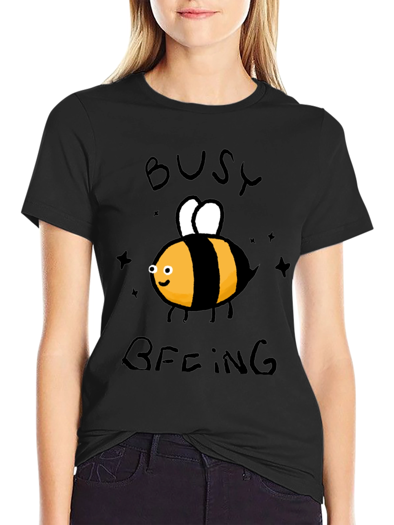 Busy Beeing T-Shirt - Black Crew Neck Graphic Tee
