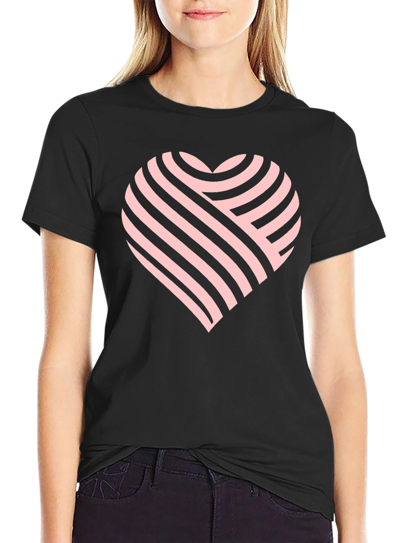 Striped Heart Graphic Black Tee