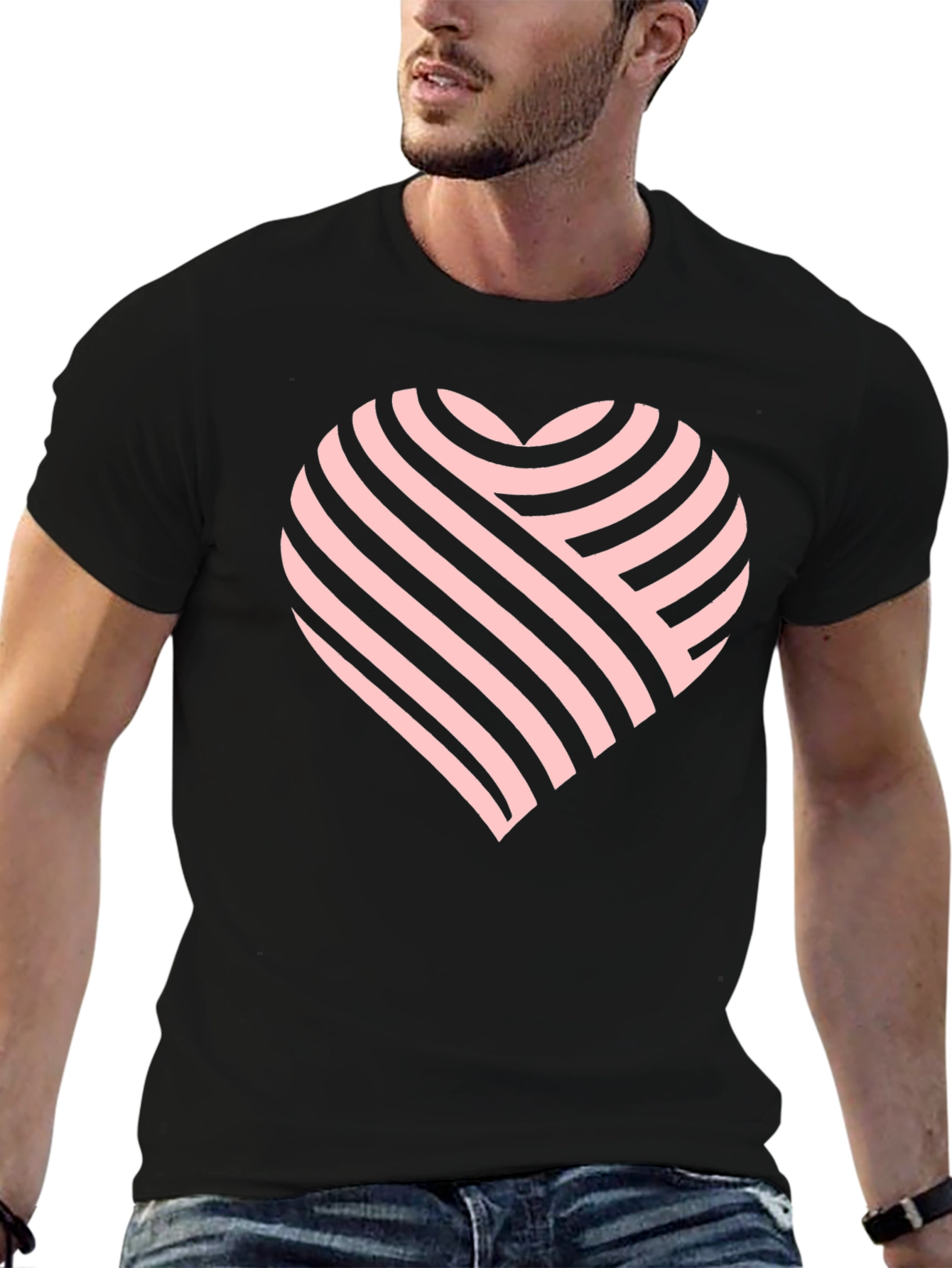 Striped Heart Graphic Black Tee