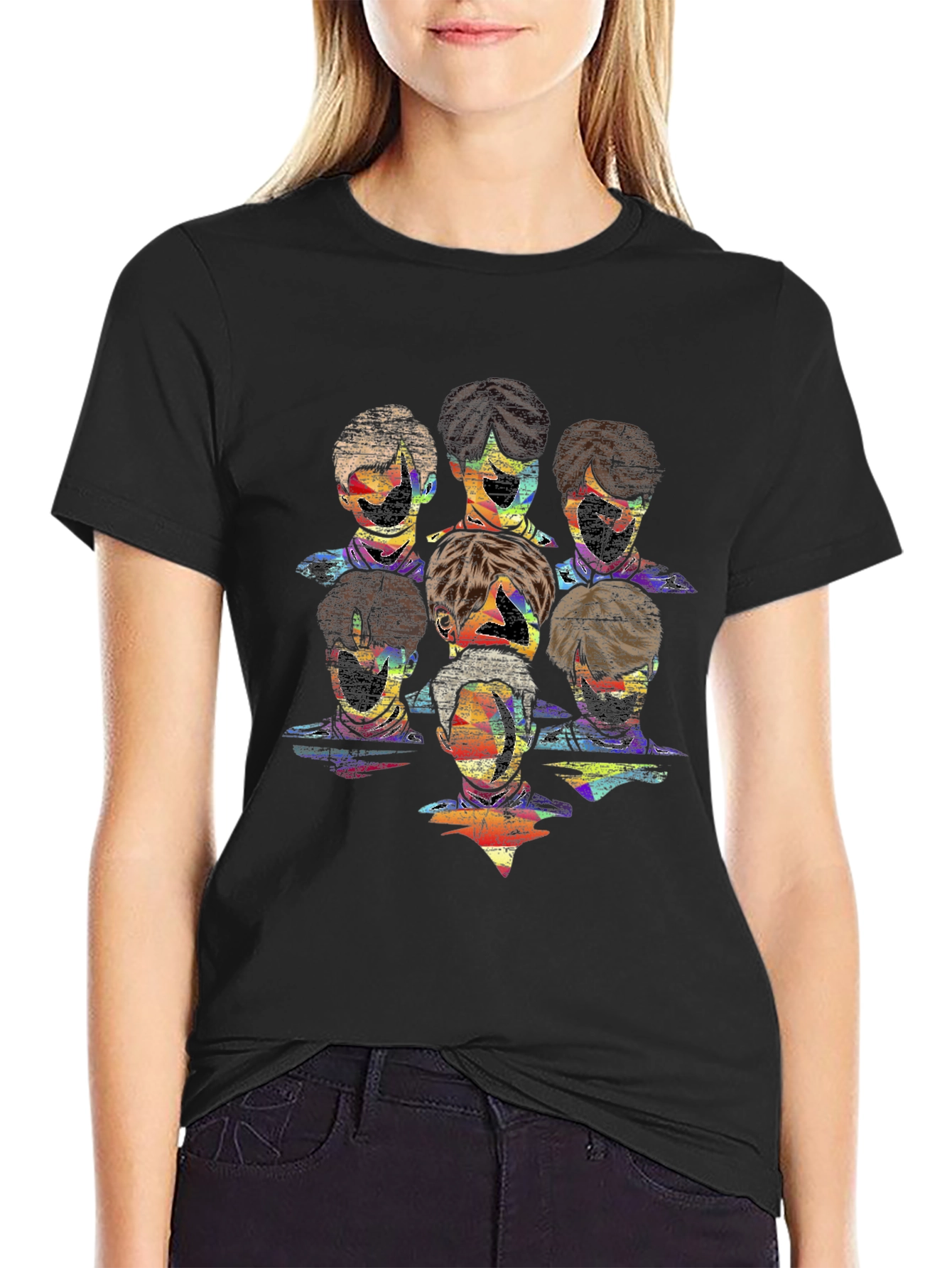 Abstract Faces Graphic Print Black T-Shirt