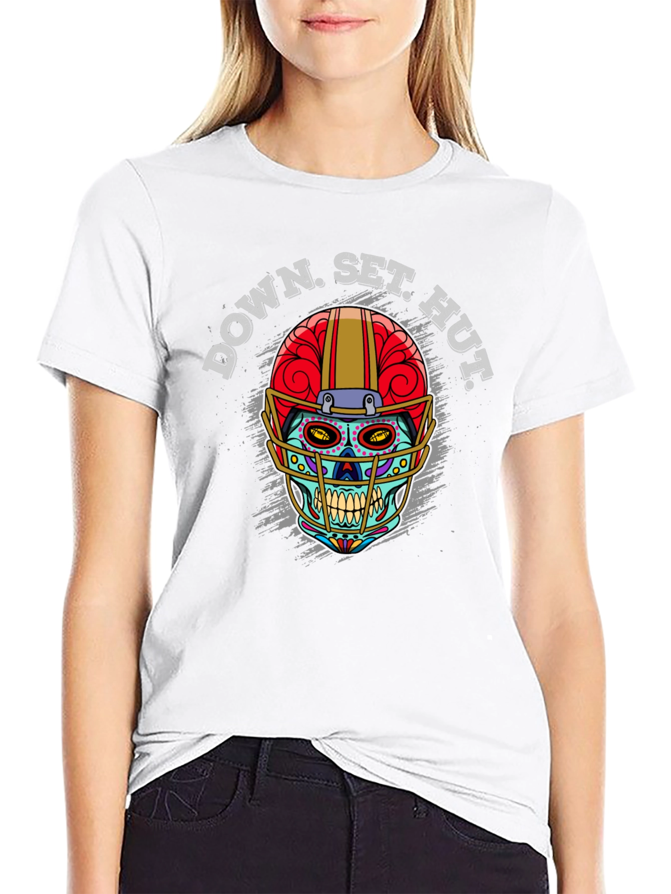 Down Set Hut Football Skull Graphic T-Shirt