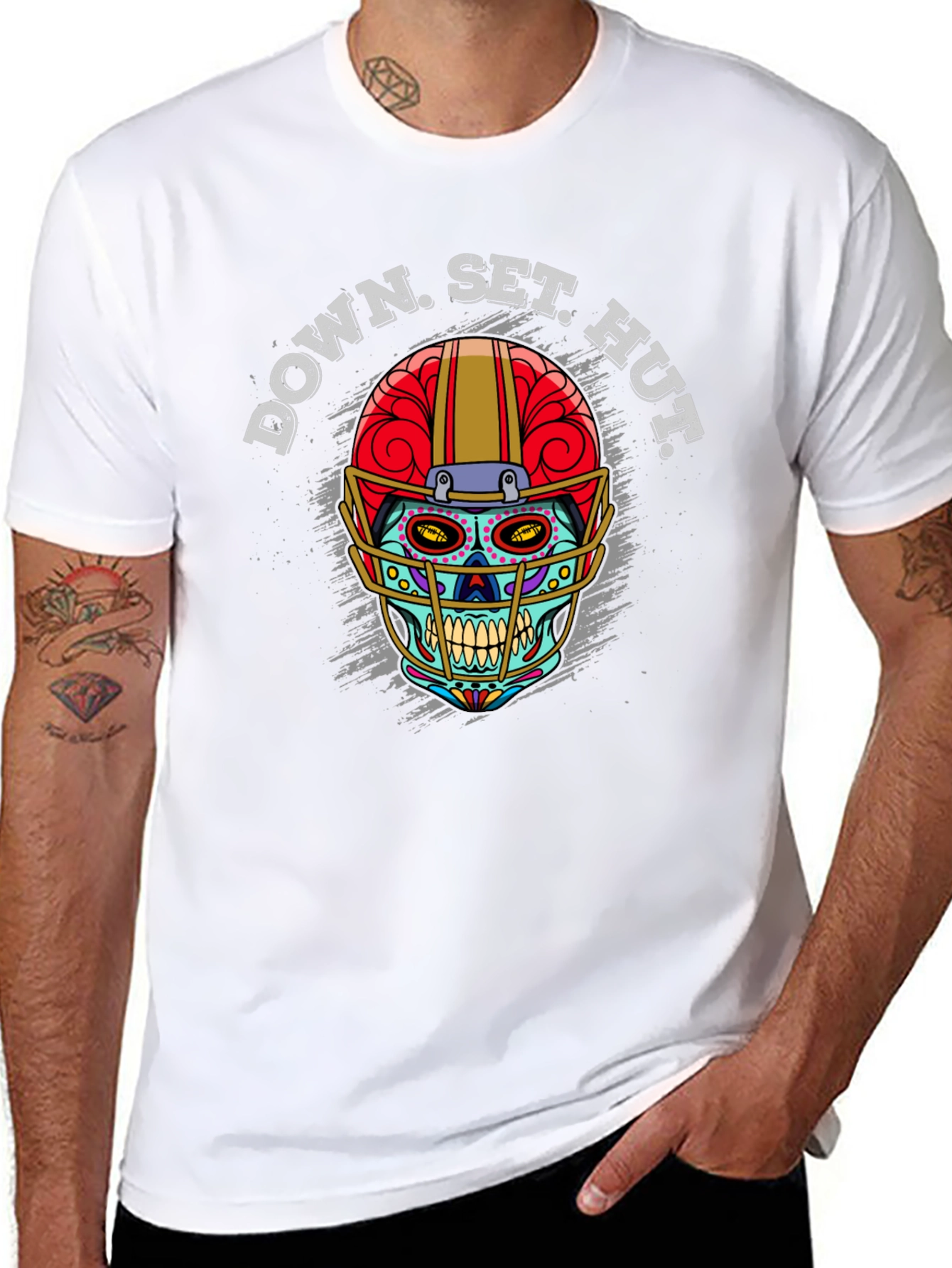 Down Set Hut Football Skull Graphic T-Shirt