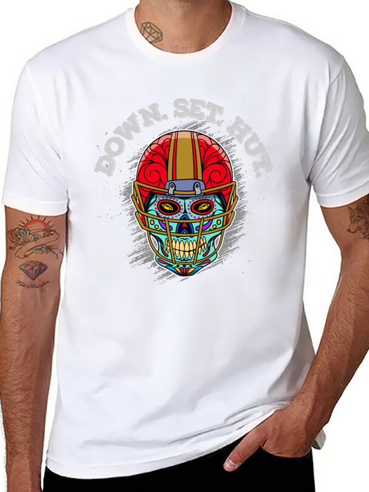 Down Set Hut Football Skull Graphic T-Shirt
