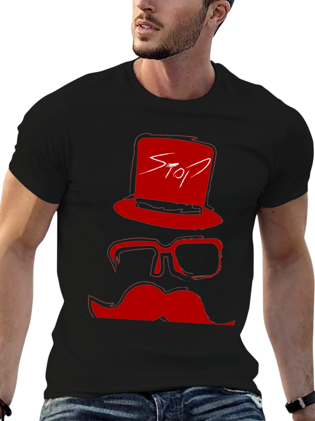 Red Stop Hat Mustache Graphic Black T-Shirt