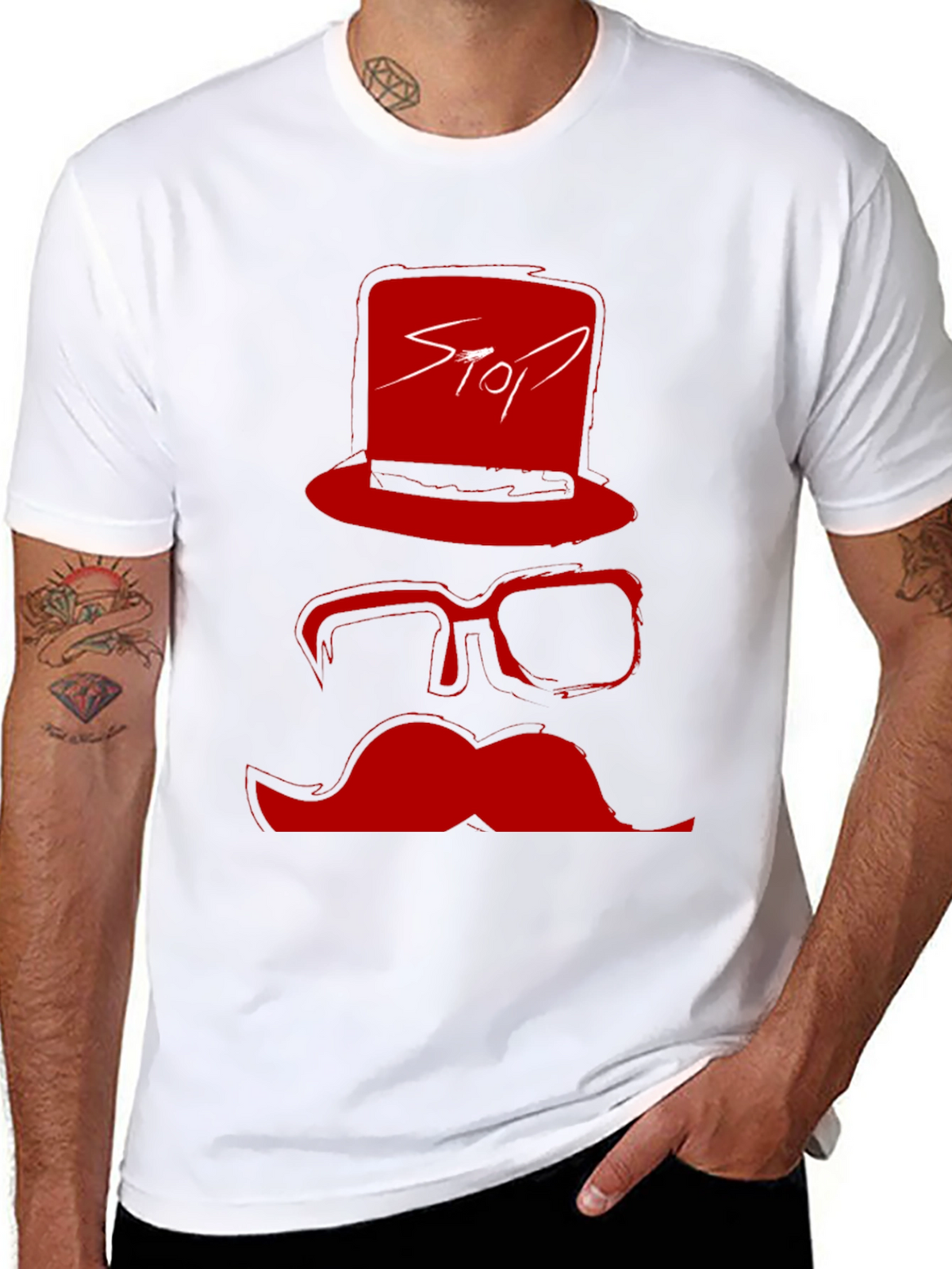 Red Stop Hat Mustache Graphic Black T-Shirt