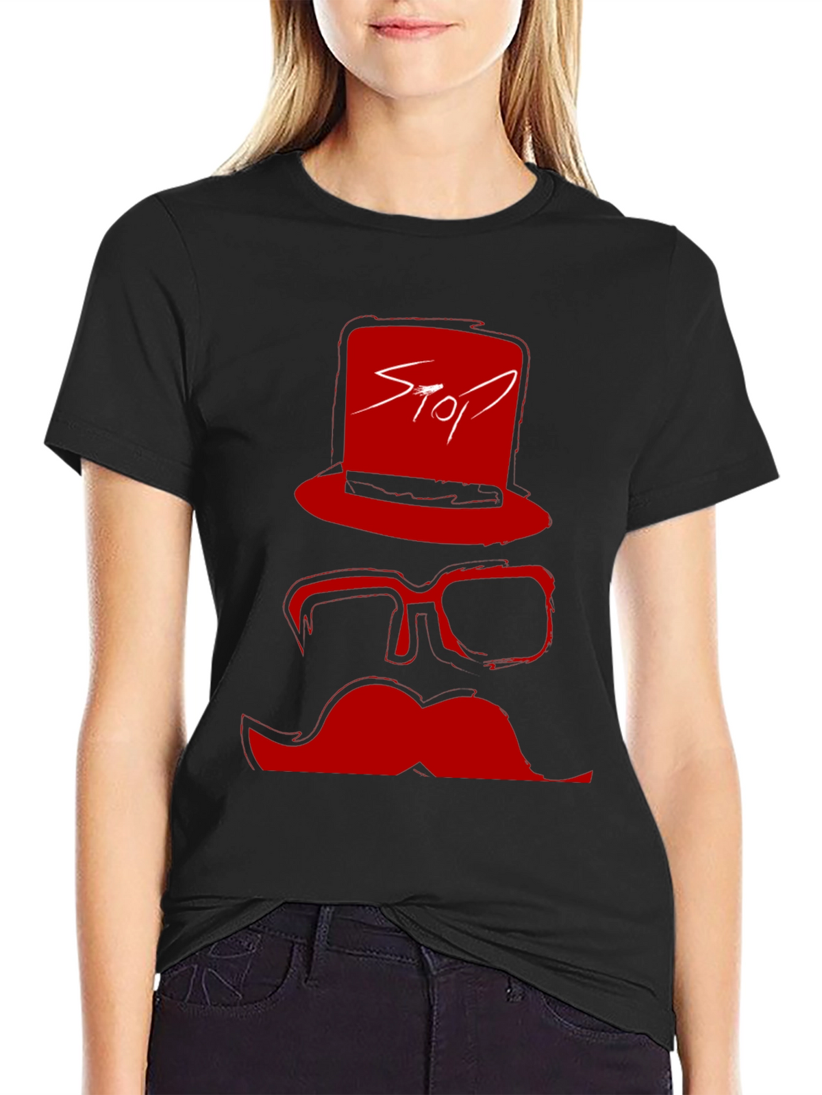 Red Stop Hat Mustache Graphic Black T-Shirt