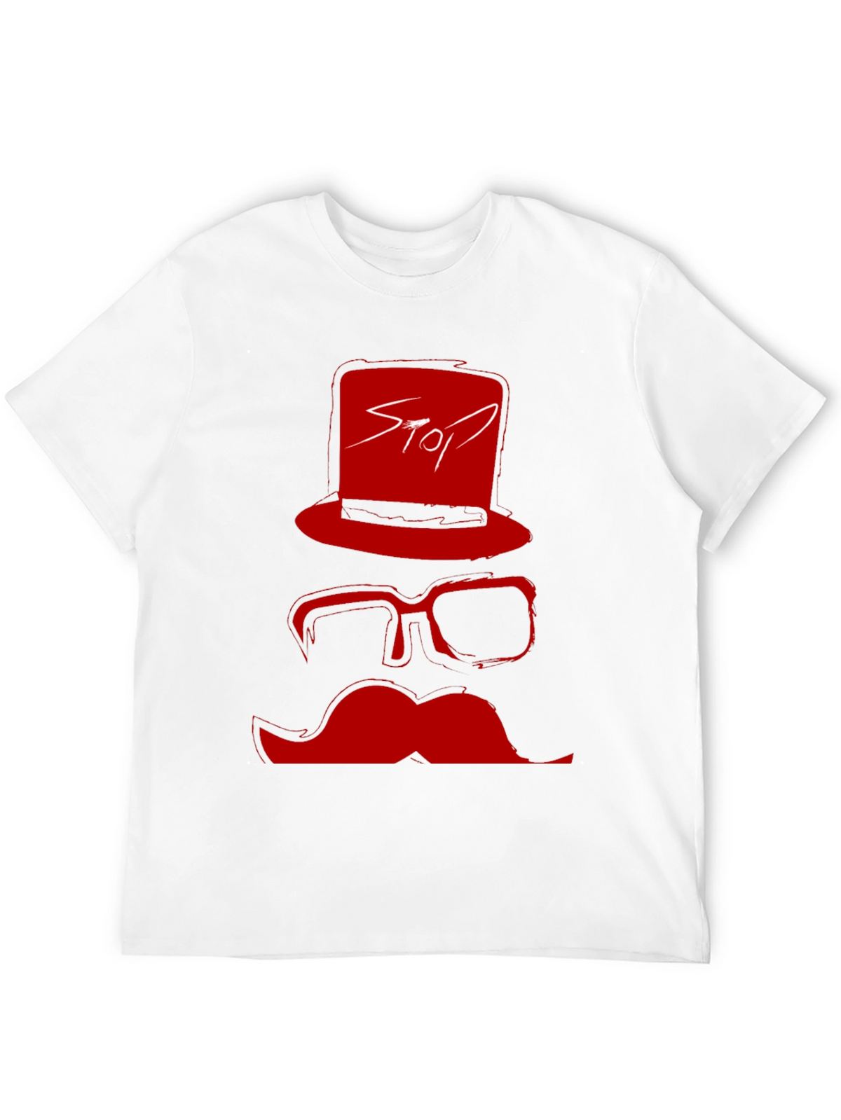 Red Stop Hat Mustache Graphic Black T-Shirt
