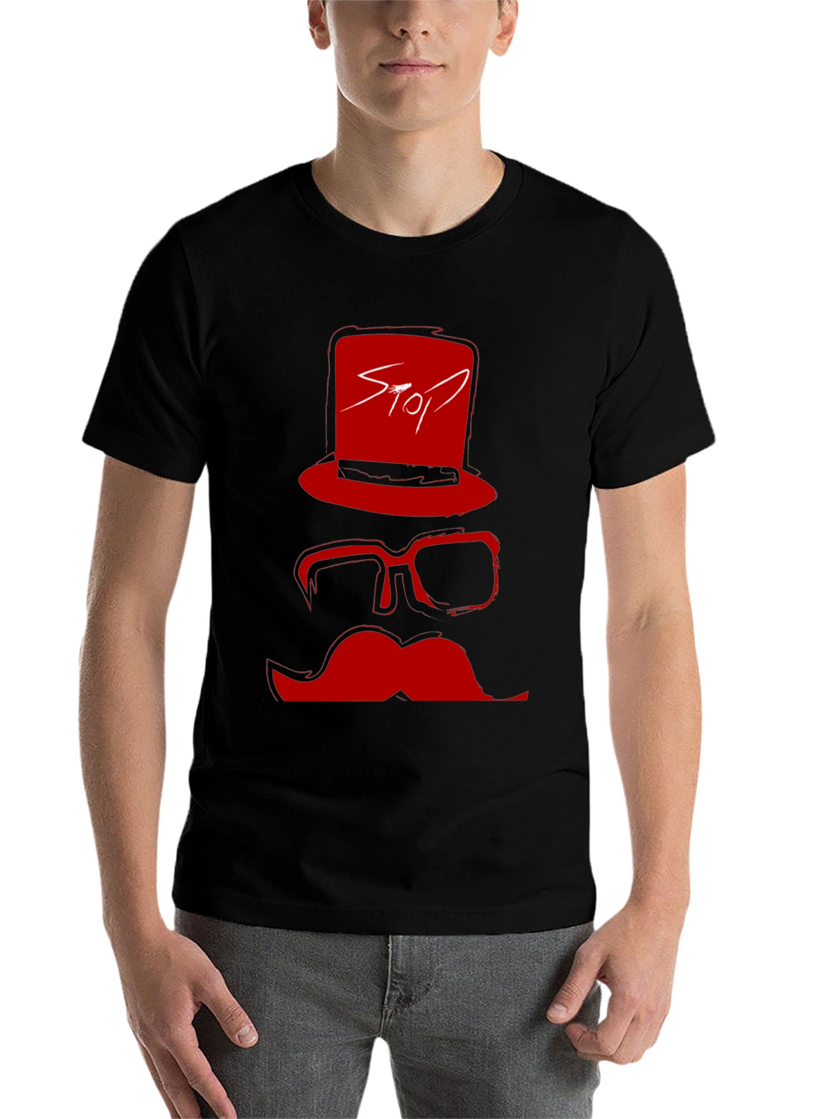 Red Stop Hat Mustache Graphic Black T-Shirt