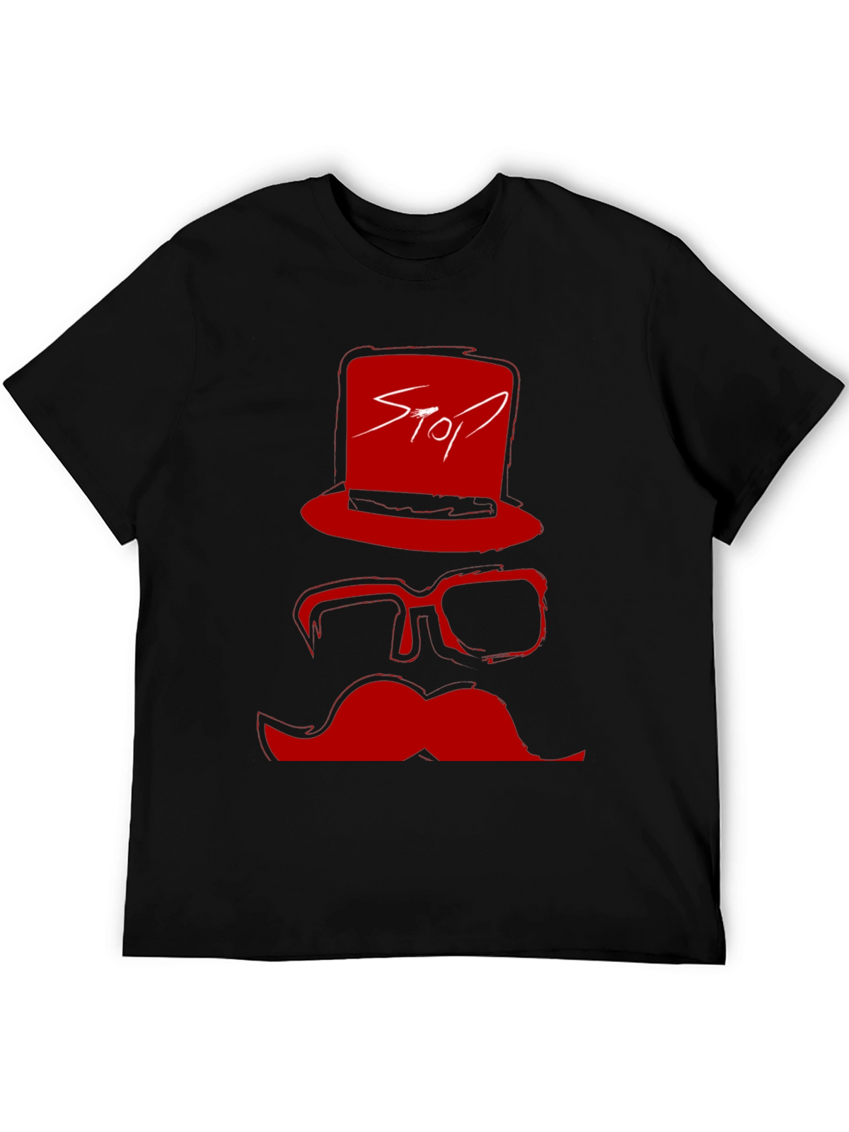 Red Stop Hat Mustache Graphic Black T-Shirt