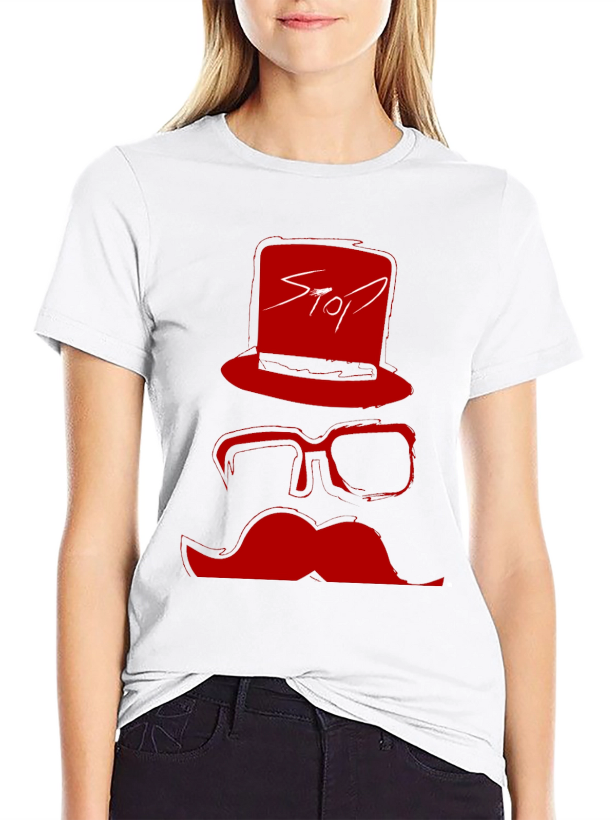 Red Stop Hat Mustache Graphic Black T-Shirt