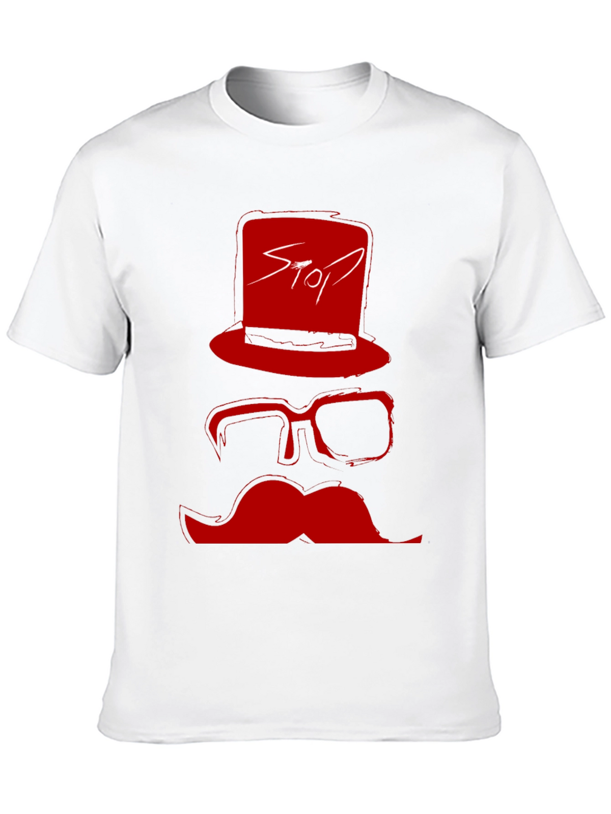 Red Stop Hat Mustache Graphic Black T-Shirt