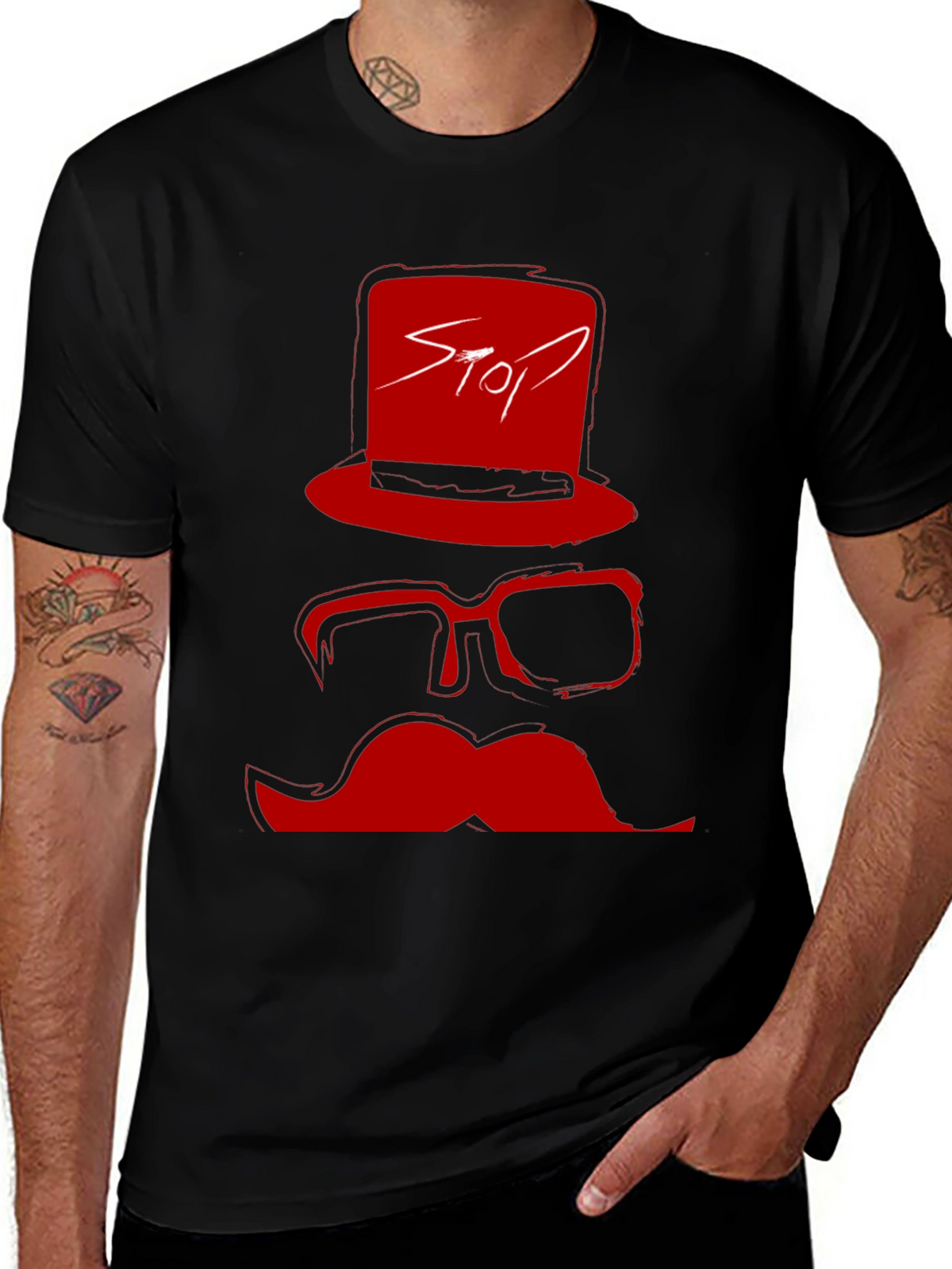 Red Stop Hat Mustache Graphic Black T-Shirt
