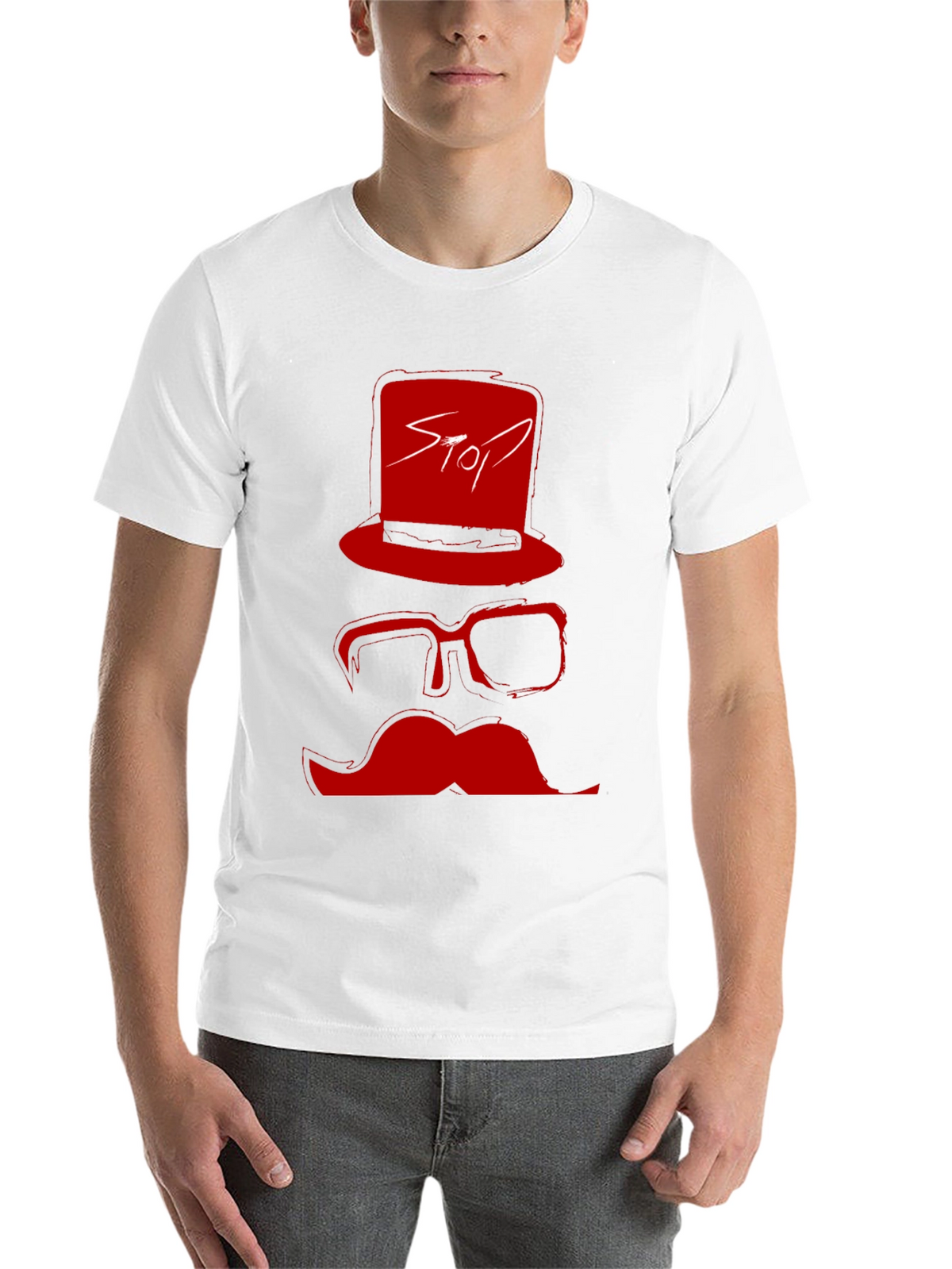 Red Stop Hat Mustache Graphic Black T-Shirt