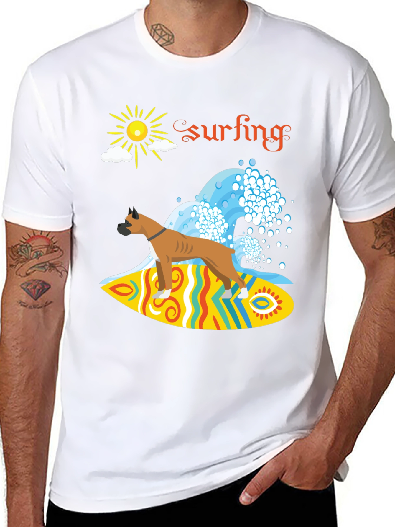 Surfing Boxer Dog Graphic Tee