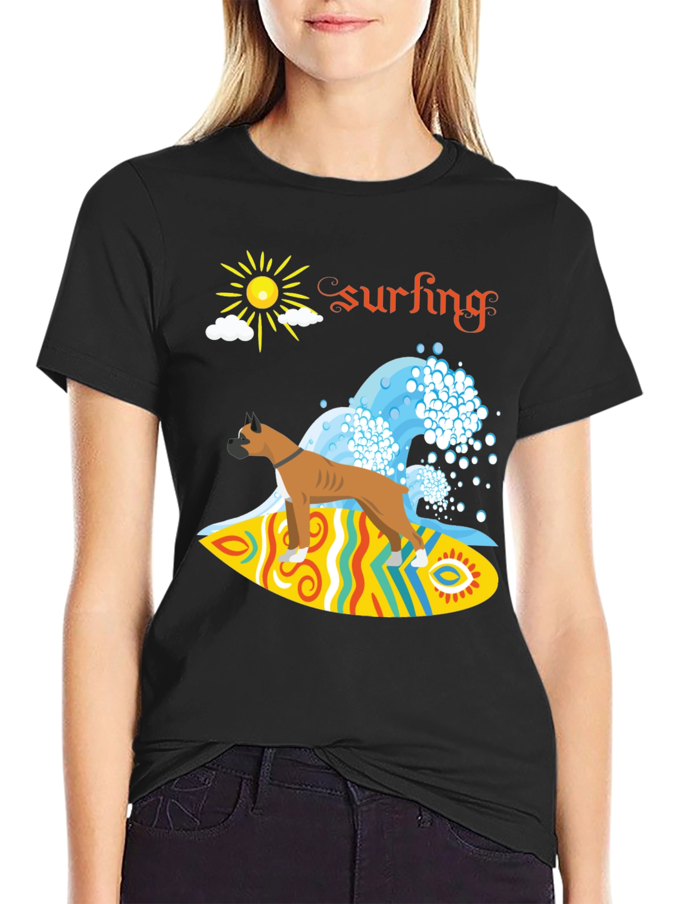 Surfing Boxer Dog Graphic Tee