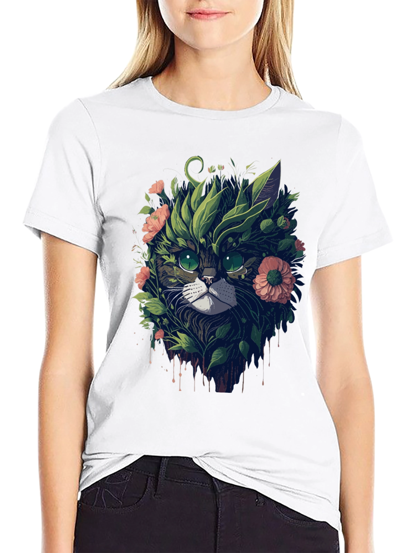 Floral Cat Graphic T-Shirt - Unique Artistic Tee