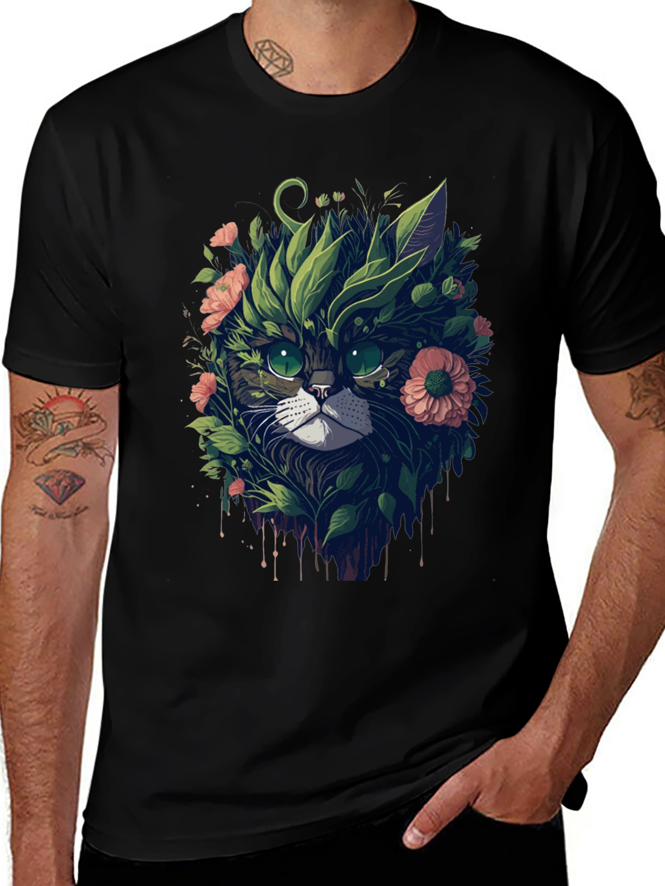 Floral Cat Graphic T-Shirt - Unique Artistic Tee