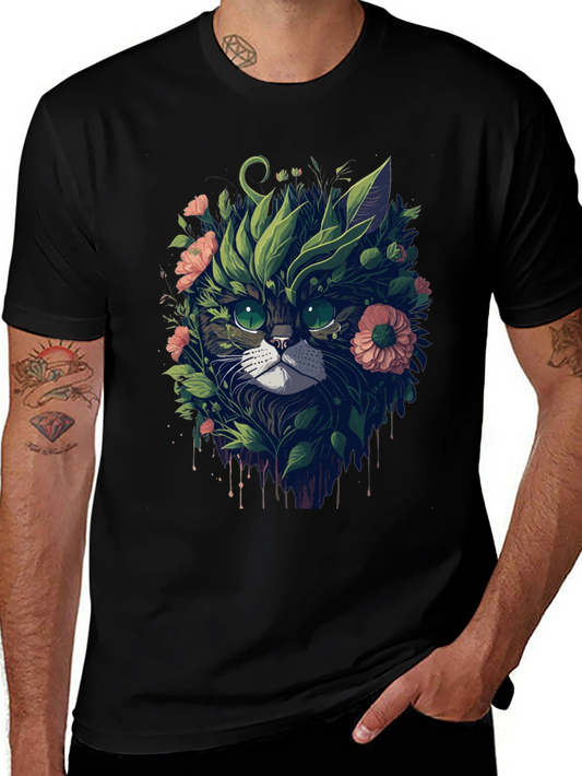 Floral Cat Graphic T-Shirt - Unique Artistic Tee