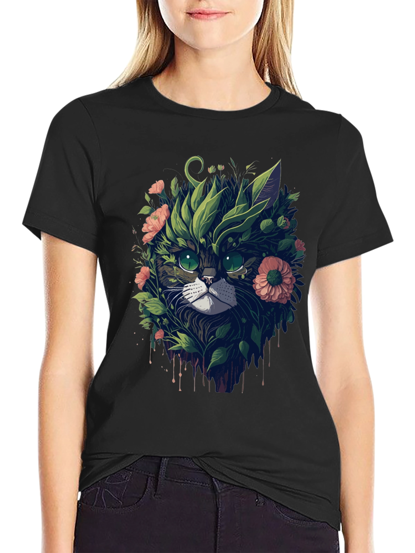 Floral Cat Graphic T-Shirt - Unique Artistic Tee
