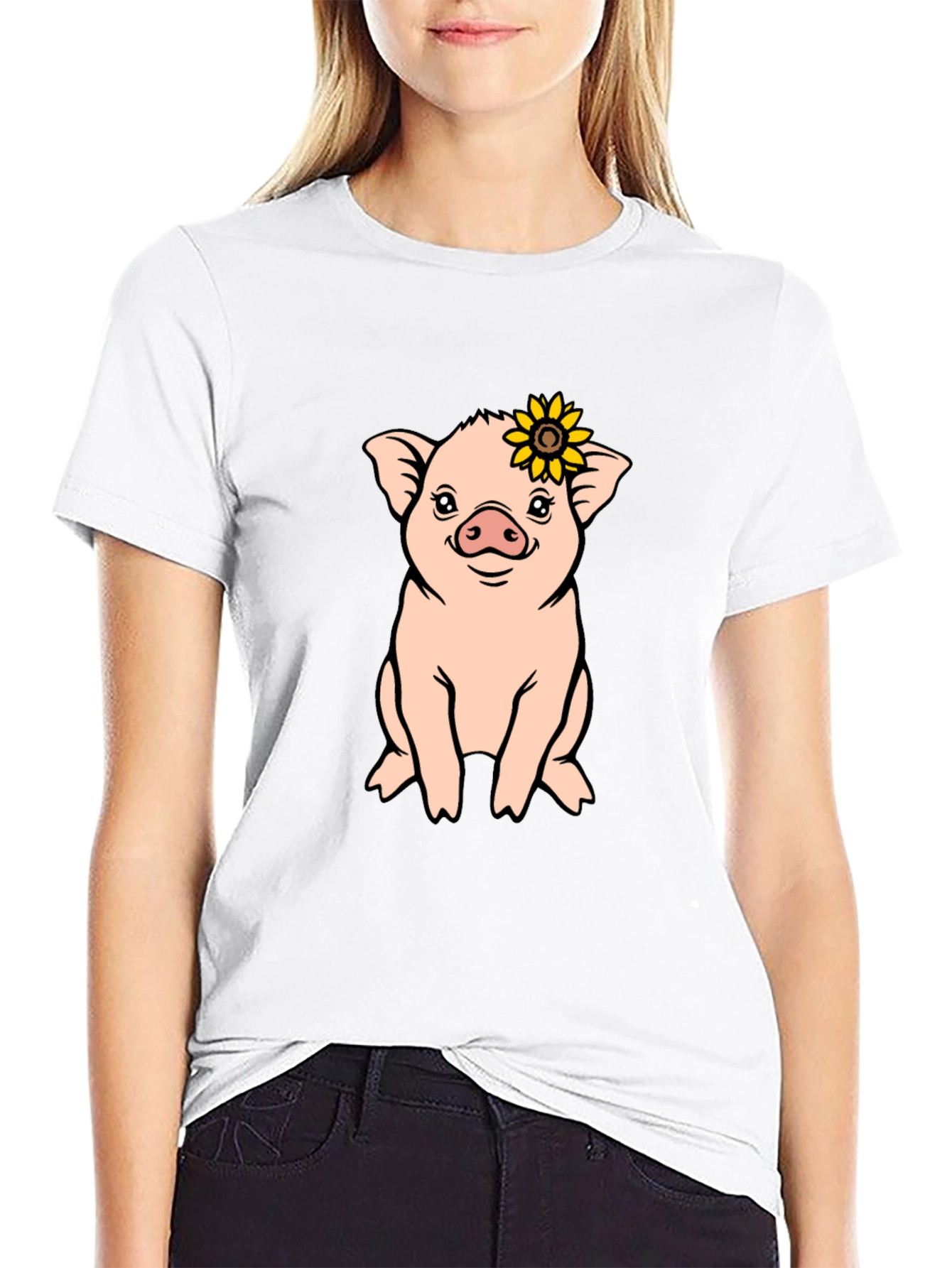 Cute Pig with Sunflower Graphic T-Shirt