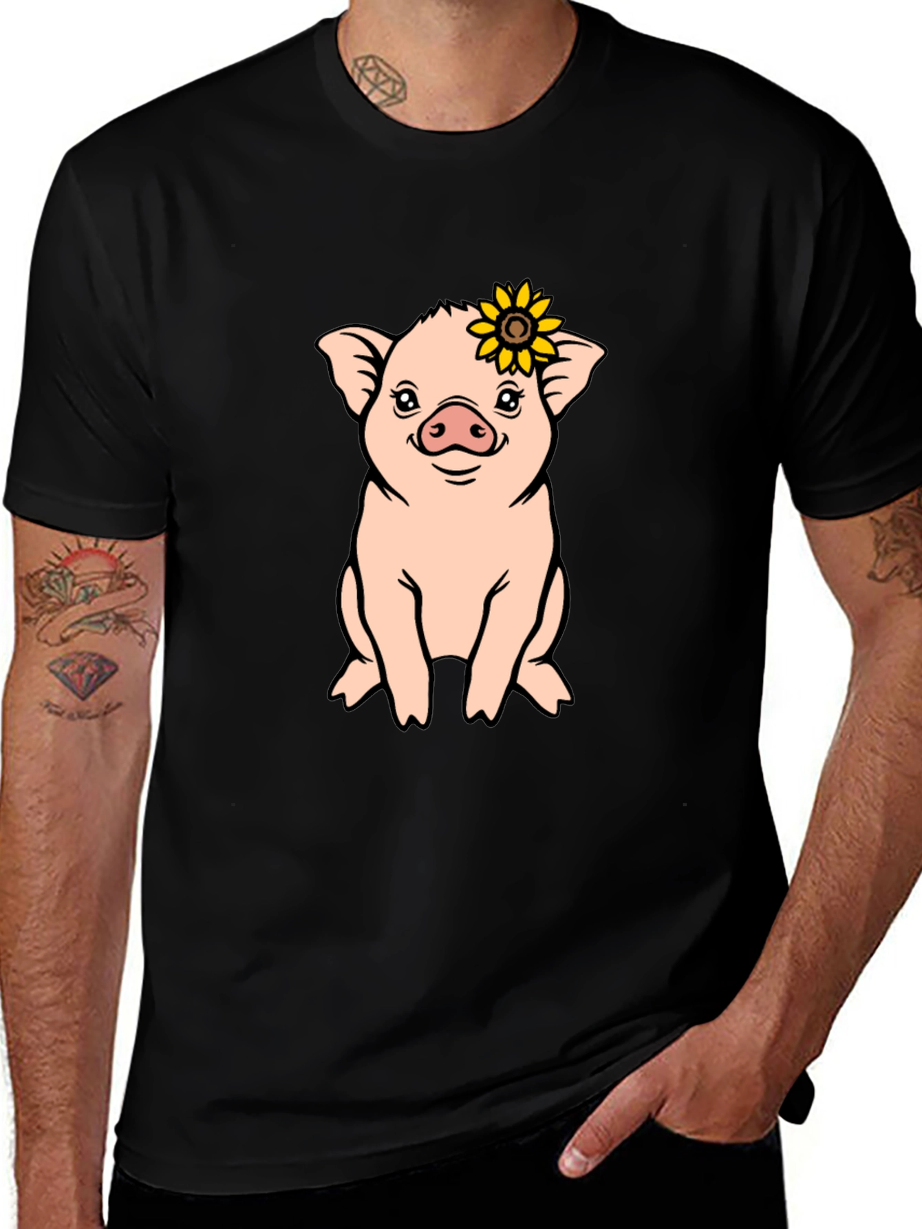 Cute Pig with Sunflower Graphic T-Shirt