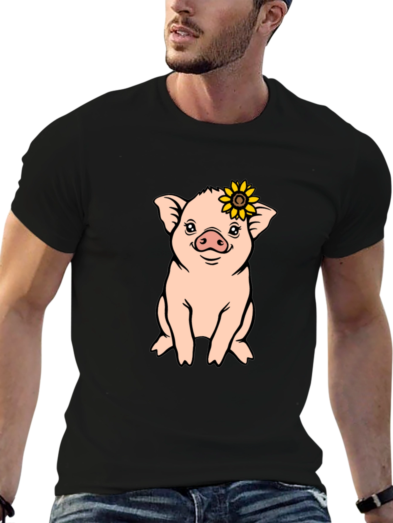 Cute Pig with Sunflower Graphic T-Shirt