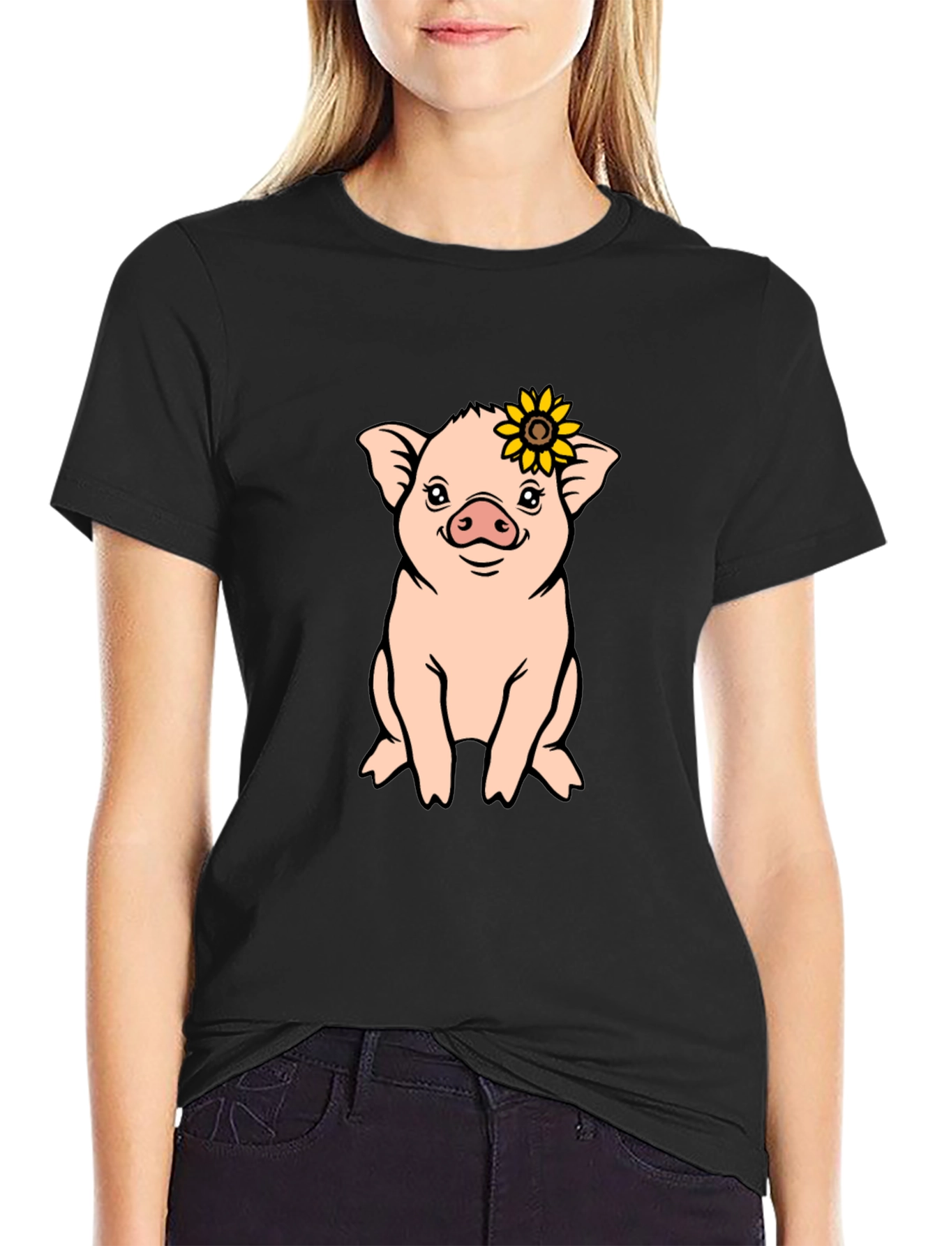 Cute Pig with Sunflower Graphic T-Shirt