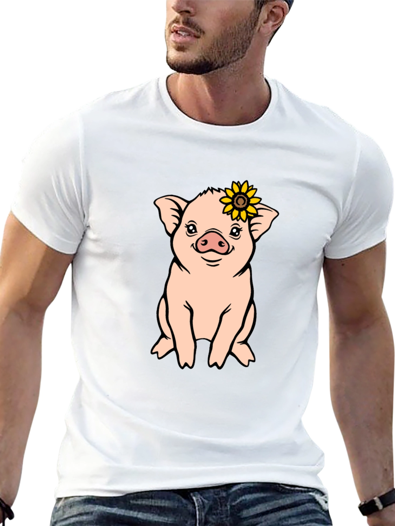 Cute Pig with Sunflower Graphic T-Shirt