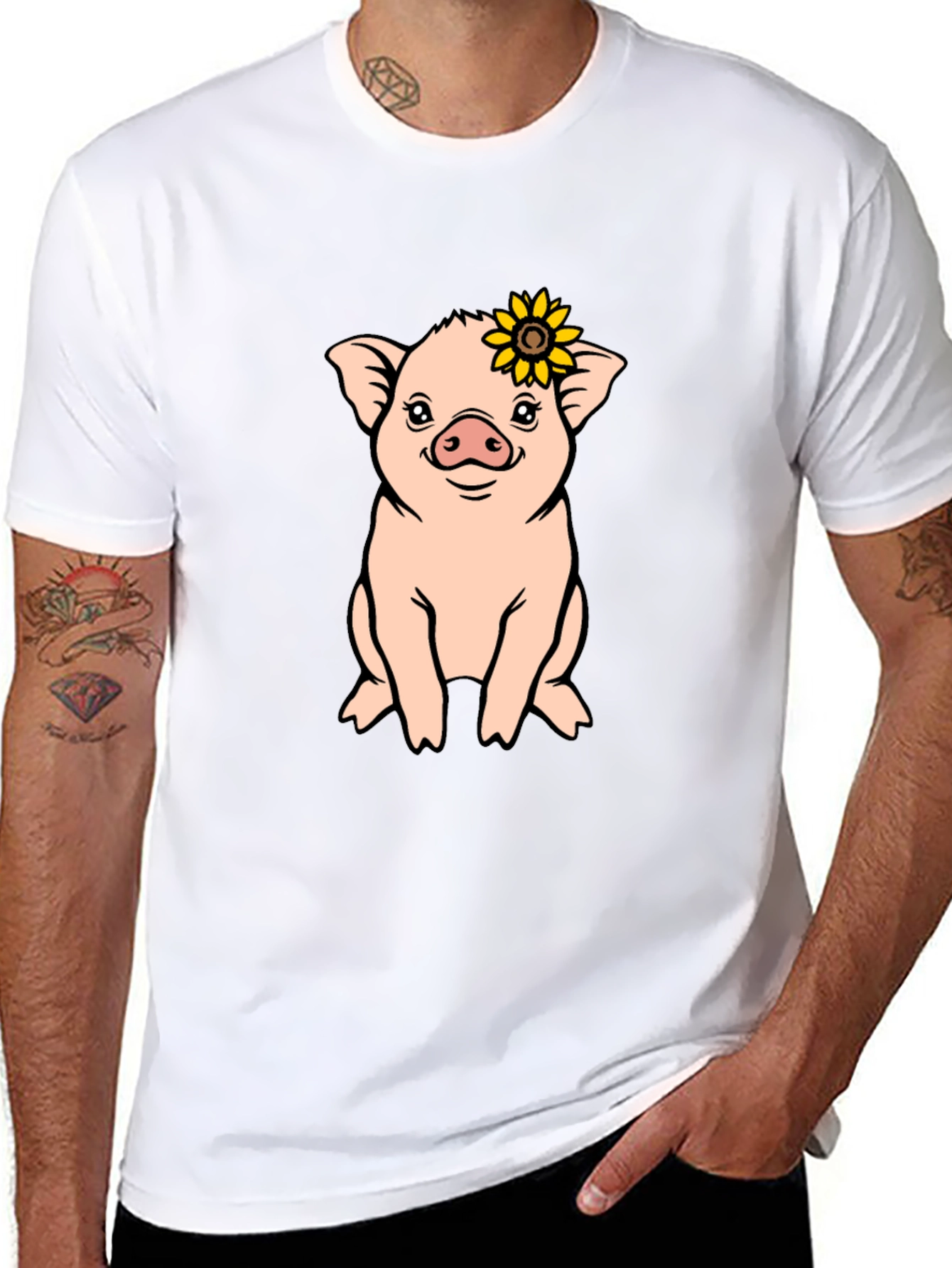 Cute Pig with Sunflower Graphic T-Shirt