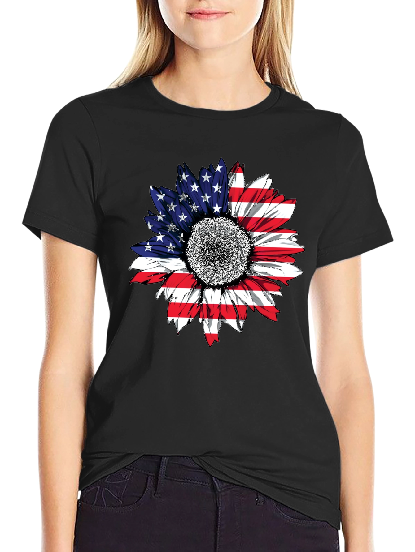 American Flag Sunflower T-Shirt Patriotic USA